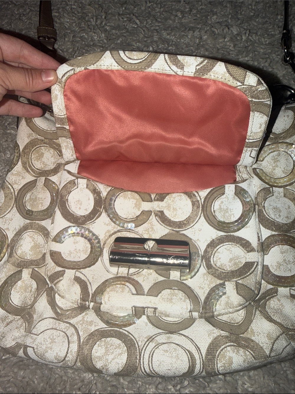 Coach Signature Metallic Cream & Tan Hobo Bag with 2 Hang Tags - Picture 6 of 15